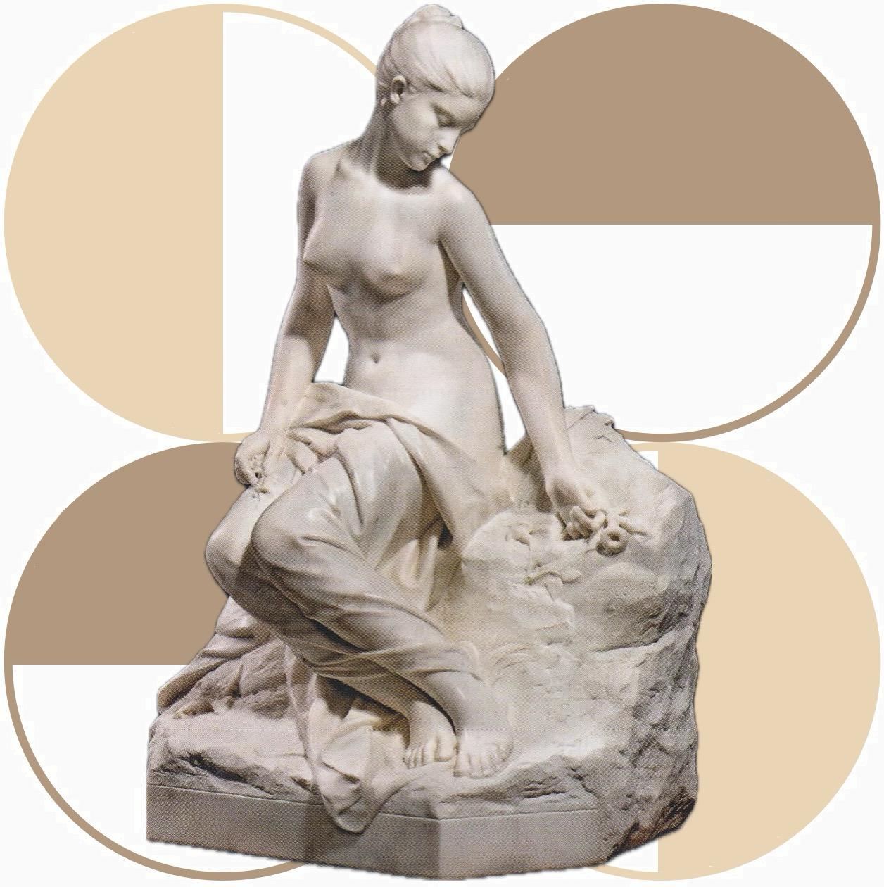 Sculpture 'Volubilis' d'Alfred Boucher (1850-1934), représentant une femme en marbre dans une pose gracieuse, célèbre pour son réalisme et sa délicatesse. Une œuvre emblématique du sculpteur français de la fin du XIXe siècle.